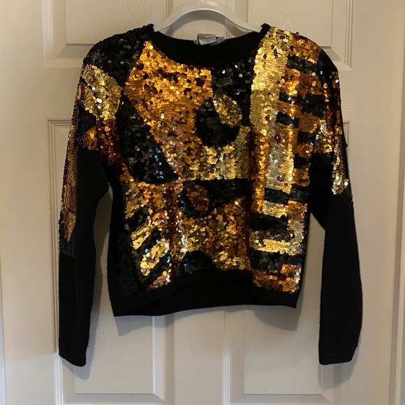 Vintage Semplice Sequin Metallic Front Design Black Wool Cropped Sweater EUC Med - Picture 16 of 16